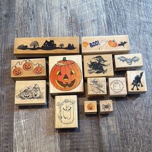 Halloween Fall Wooden Rubber Stamp Set Lot Witch Pumpkin Vintage Hero Arts PSX